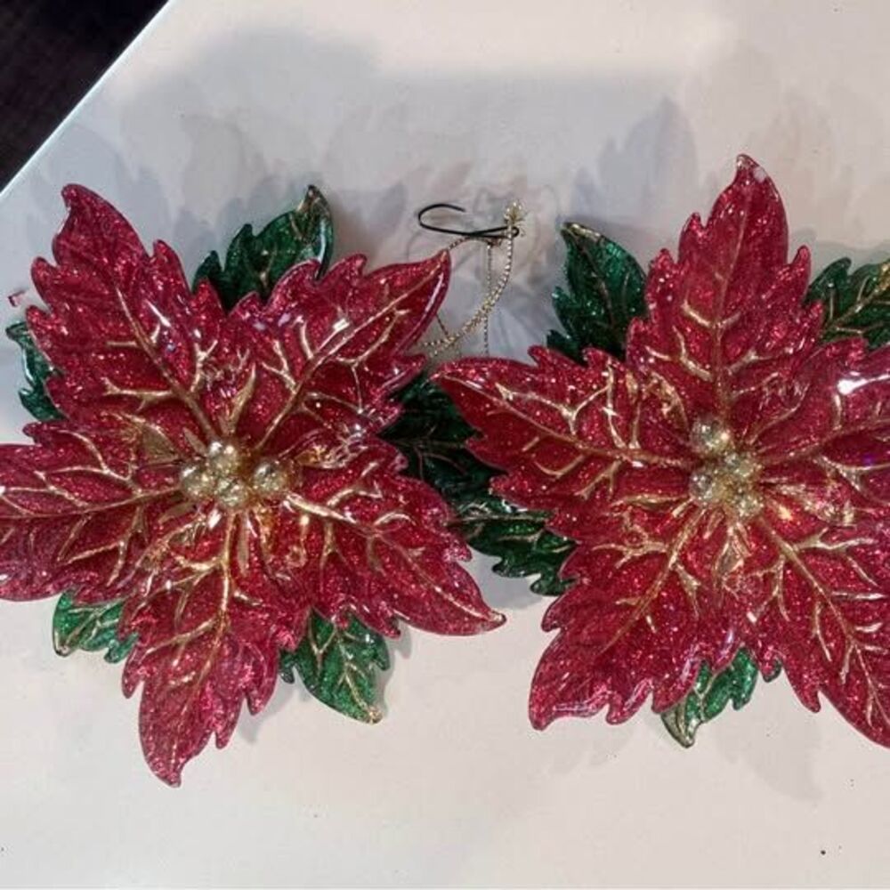 Pair of Glitter Poinsettia Christmas Ornaments